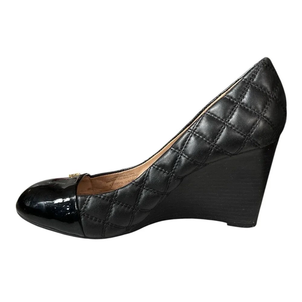 Tory Burch Women's Black Quilted Leather Wedge Patent Toe Size 8.5 US
